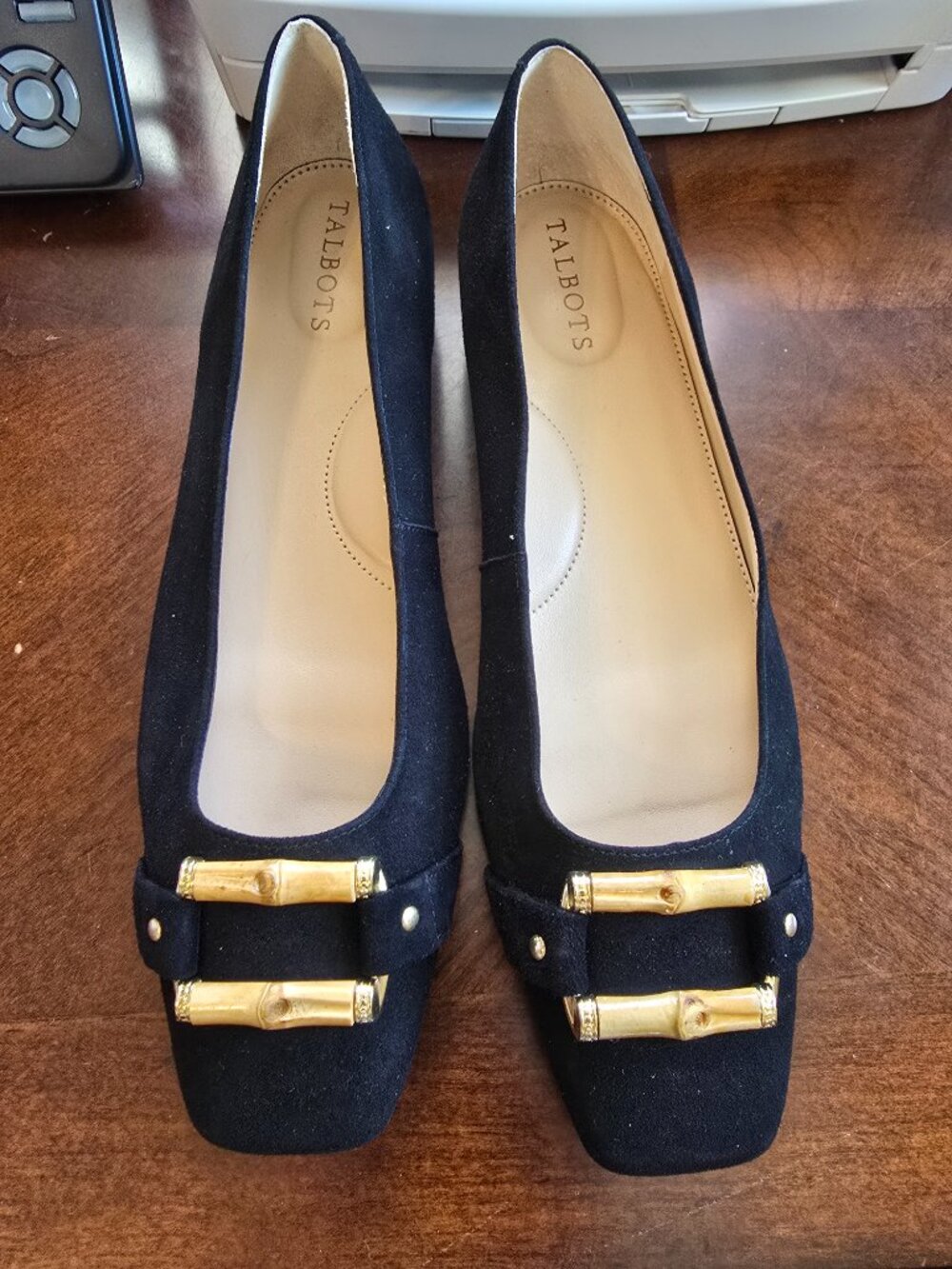 Talbots Black Suede Bamboo Buckle Flats Women's Size 10M Low Block Heel Shoes